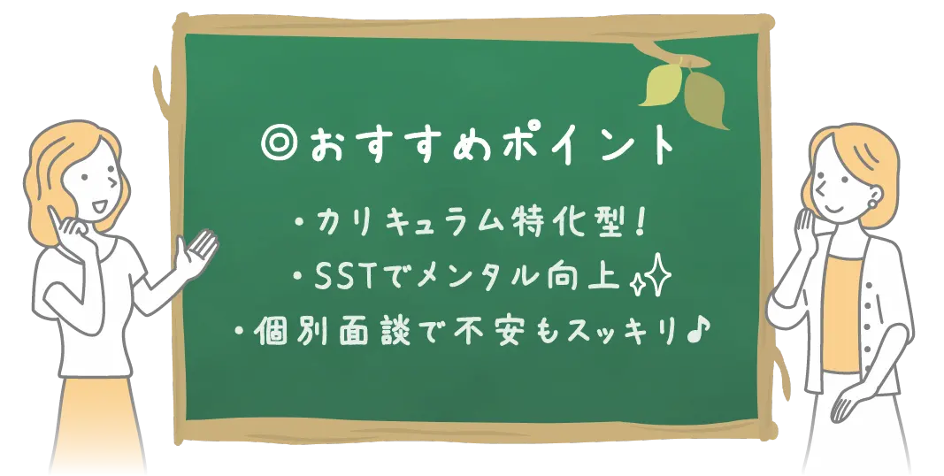おすすめポイントは、カリキュラム特化型、SSTでメンタル向上、個別面談で不安もスッキリ
